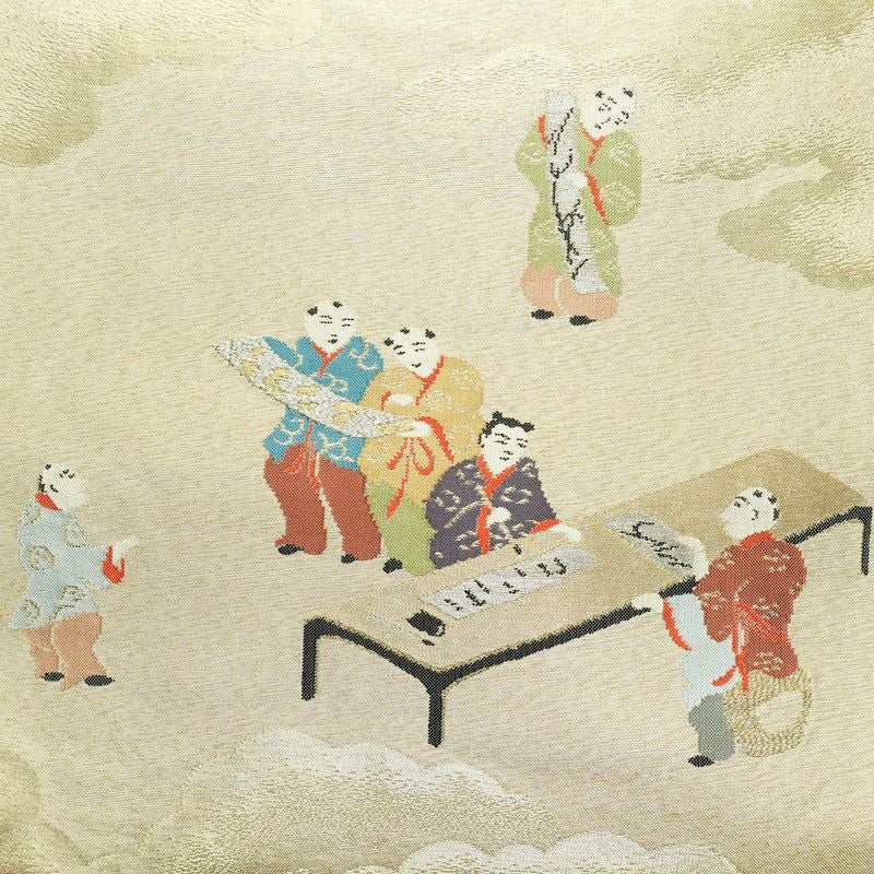 名古屋帯 太鼓柄 正絹 人物・動物柄 名古屋仕立て なごや帯 リサイクル帯 帯 箔 金糸 銀糸 ベージュ_画像2