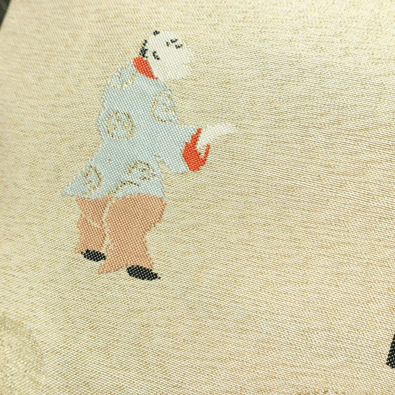 名古屋帯 太鼓柄 正絹 人物・動物柄 名古屋仕立て なごや帯 リサイクル帯 帯 箔 金糸 銀糸 ベージュ_画像5