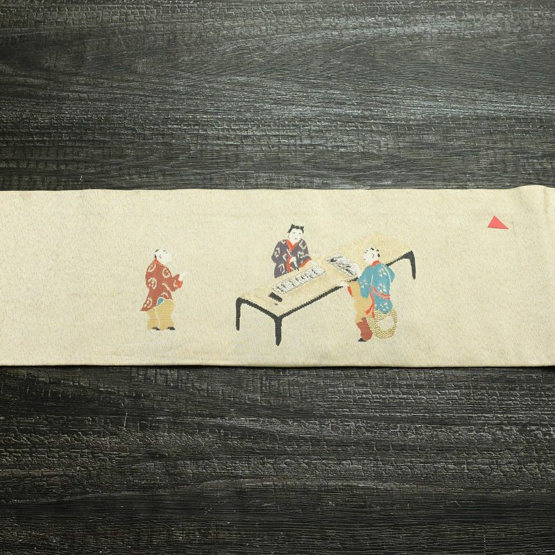 名古屋帯 太鼓柄 正絹 人物・動物柄 名古屋仕立て なごや帯 リサイクル帯 帯 箔 金糸 銀糸 ベージュ_画像13