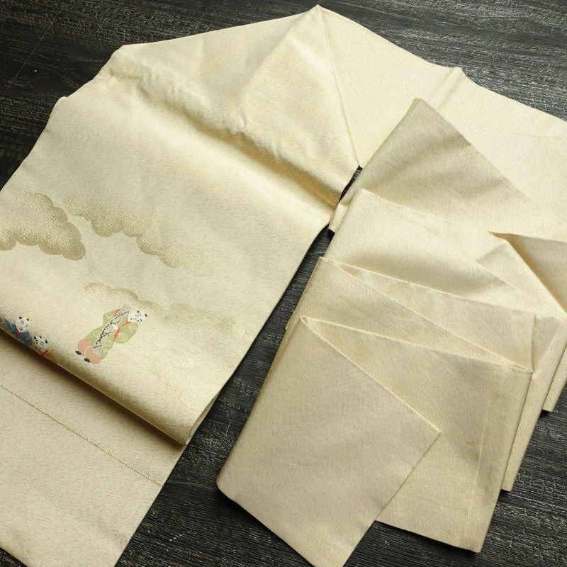 名古屋帯 太鼓柄 正絹 人物・動物柄 名古屋仕立て なごや帯 リサイクル帯 帯 箔 金糸 銀糸 ベージュ_画像18