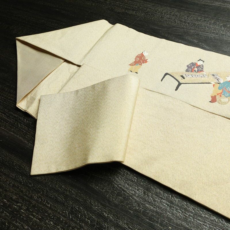 名古屋帯 太鼓柄 正絹 人物・動物柄 名古屋仕立て なごや帯 リサイクル帯 帯 箔 金糸 銀糸 ベージュ_画像21