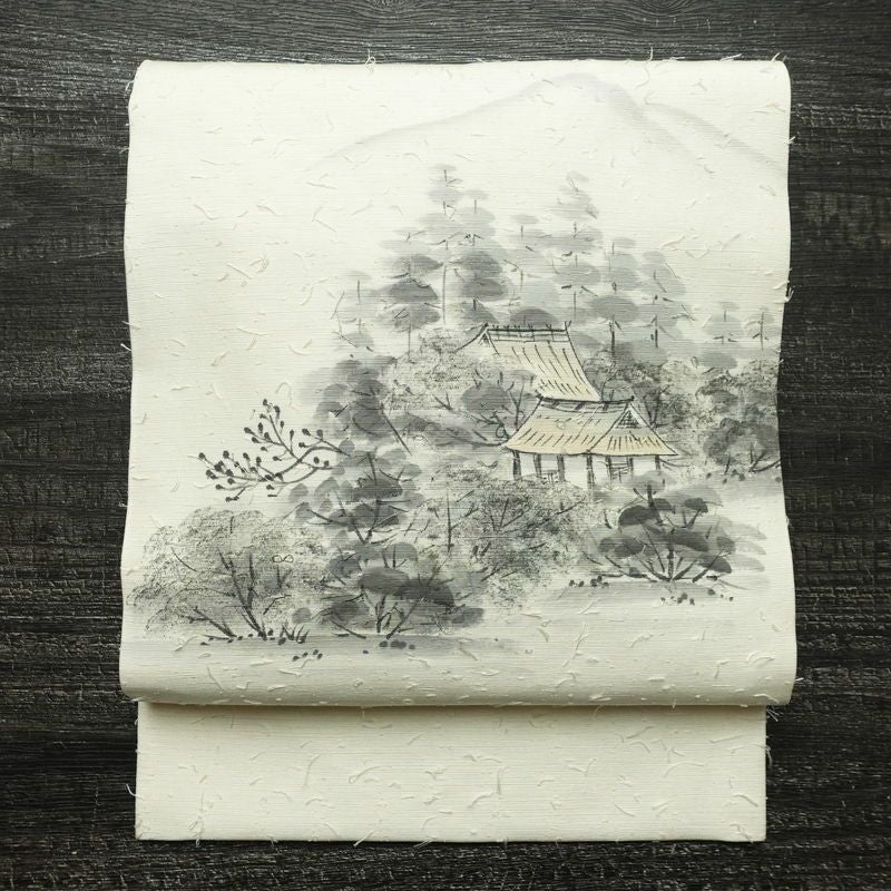 名古屋帯 髭紬 太鼓柄 良品 落款入り 正絹 風景柄 名古屋仕立て なごや帯 リサイクル帯 帯 白_画像1