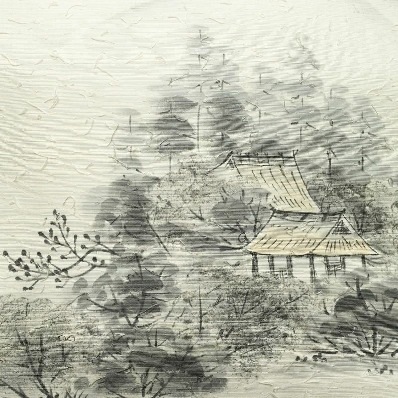 名古屋帯 髭紬 太鼓柄 良品 落款入り 正絹 風景柄 名古屋仕立て なごや帯 リサイクル帯 帯 白_画像2