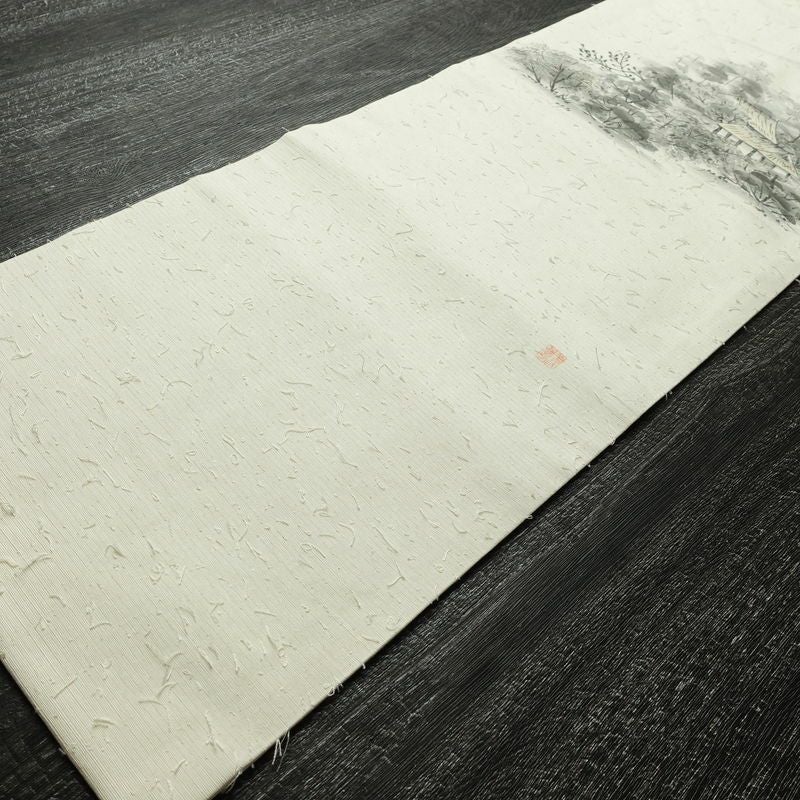 名古屋帯 髭紬 太鼓柄 良品 落款入り 正絹 風景柄 名古屋仕立て なごや帯 リサイクル帯 帯 白_画像9