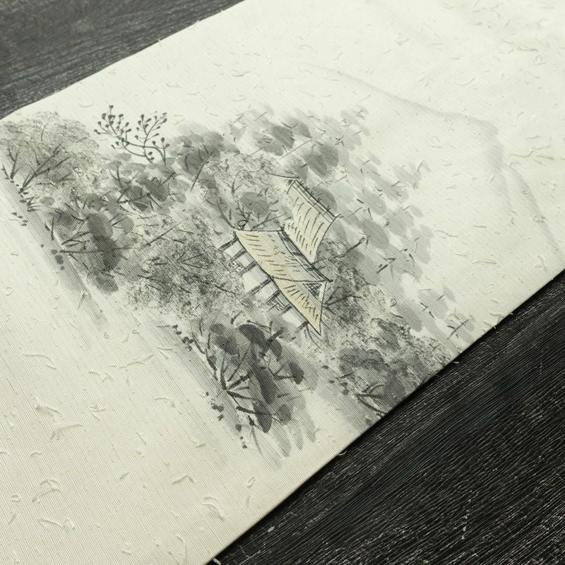 名古屋帯 髭紬 太鼓柄 良品 落款入り 正絹 風景柄 名古屋仕立て なごや帯 リサイクル帯 帯 白_画像12