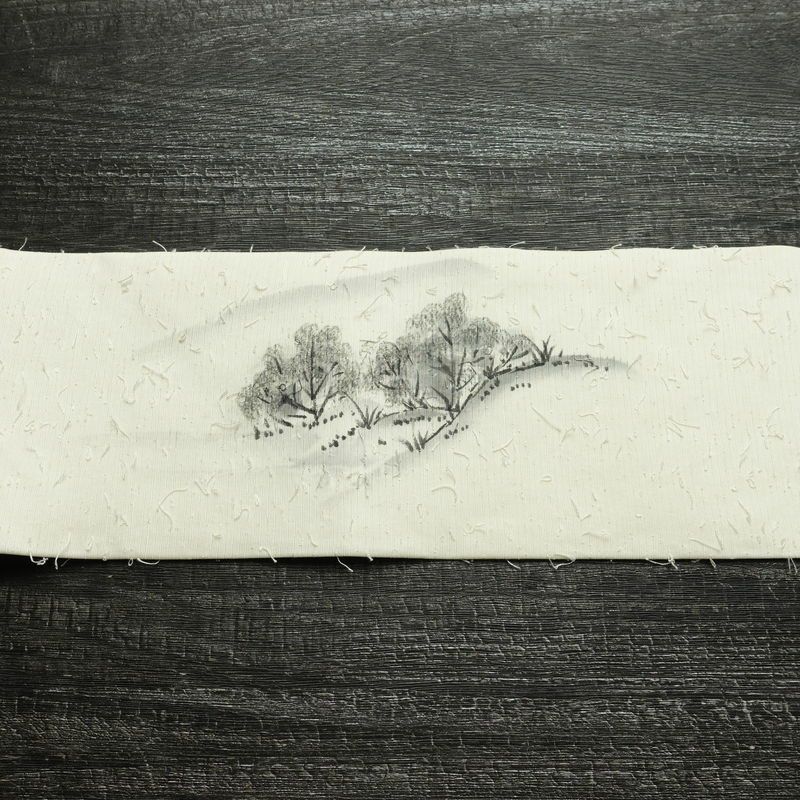名古屋帯 髭紬 太鼓柄 良品 落款入り 正絹 風景柄 名古屋仕立て なごや帯 リサイクル帯 帯 白_画像14