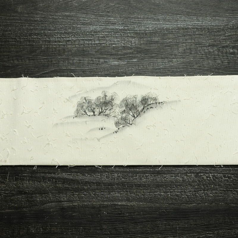 名古屋帯 髭紬 太鼓柄 良品 落款入り 正絹 風景柄 名古屋仕立て なごや帯 リサイクル帯 帯 白_画像15