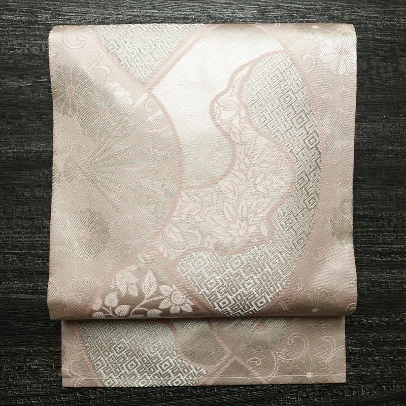 名古屋帯 六通柄 良品 正絹 古典柄 名古屋仕立て なごや帯 リサイクル帯 帯 箔 扇子 ピンク_画像1