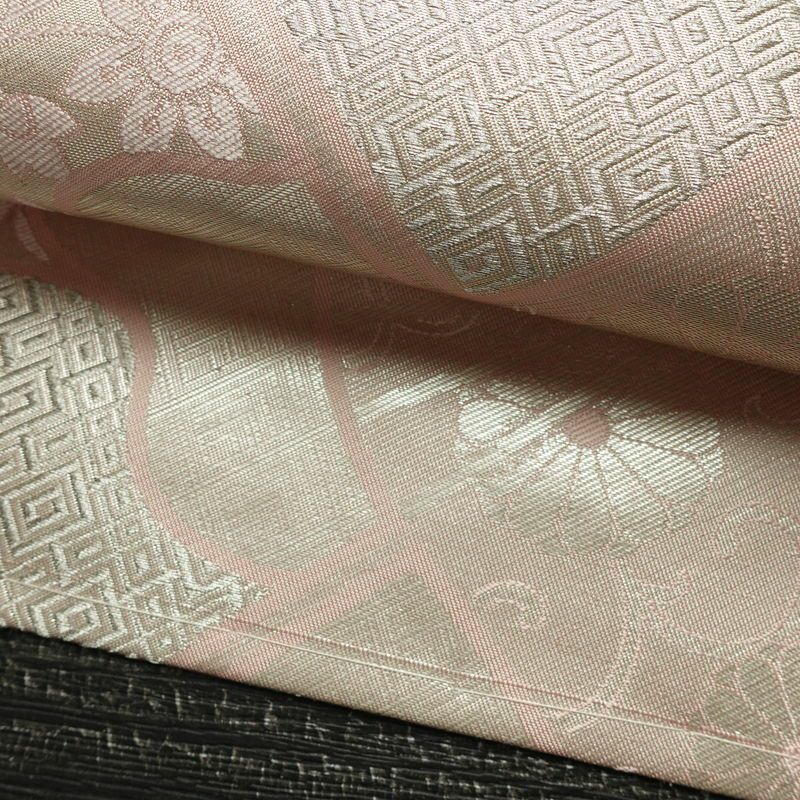 名古屋帯 六通柄 良品 正絹 古典柄 名古屋仕立て なごや帯 リサイクル帯 帯 箔 扇子 ピンク_画像6