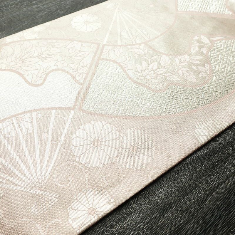 名古屋帯 六通柄 良品 正絹 古典柄 名古屋仕立て なごや帯 リサイクル帯 帯 箔 扇子 ピンク_画像10