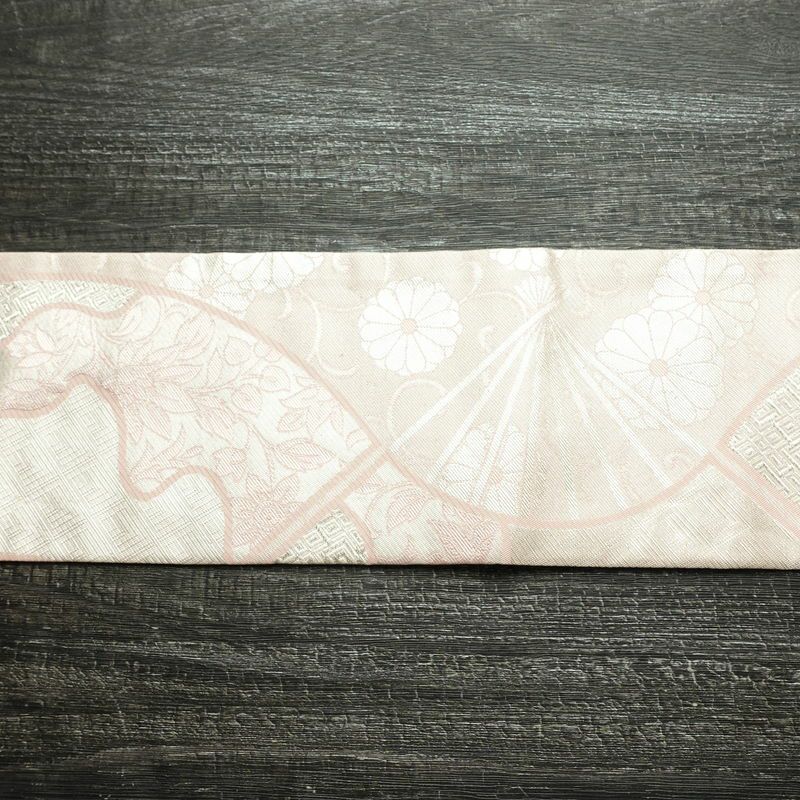 名古屋帯 六通柄 良品 正絹 古典柄 名古屋仕立て なごや帯 リサイクル帯 帯 箔 扇子 ピンク_画像12