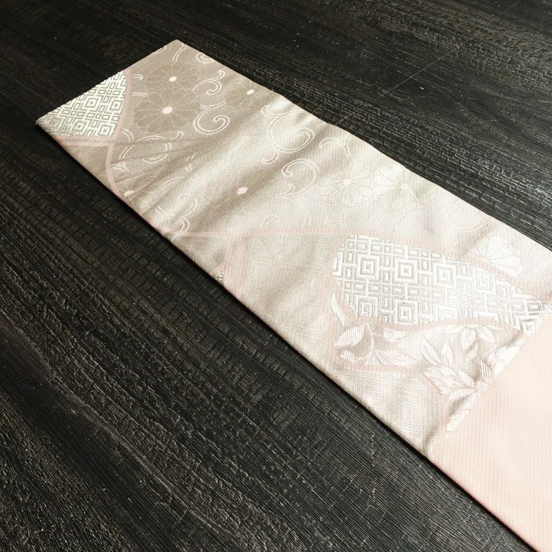 名古屋帯 六通柄 良品 正絹 古典柄 名古屋仕立て なごや帯 リサイクル帯 帯 箔 扇子 ピンク_画像14