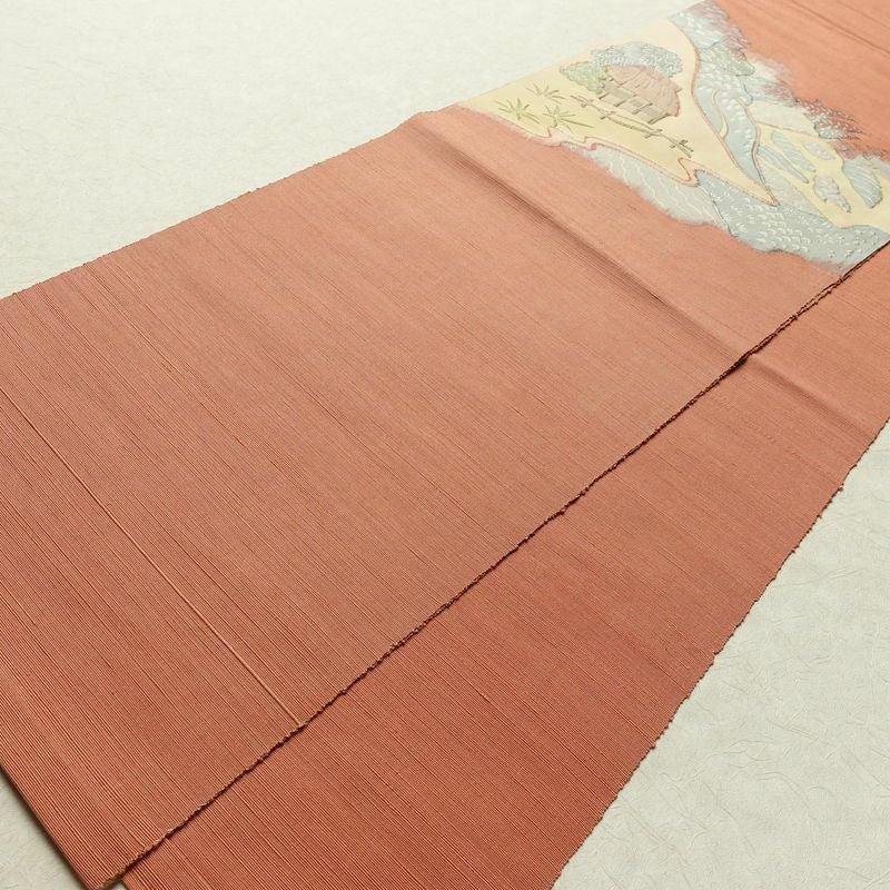 名古屋帯 太鼓柄 良品 正絹 風景柄 通し仕立て なごや帯 リサイクル帯 帯 ピンク_画像8