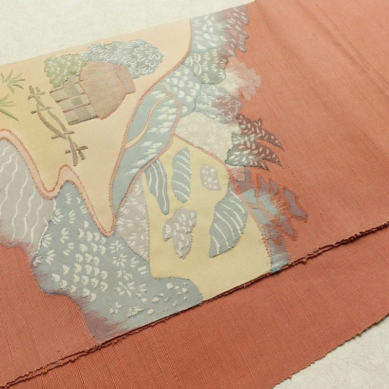 名古屋帯 太鼓柄 良品 正絹 風景柄 通し仕立て なごや帯 リサイクル帯 帯 ピンク_画像11