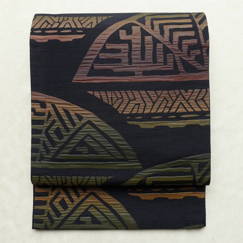 名古屋帯 六通柄 良品 ふくれ織 正絹 幾何学柄・抽象柄 通し仕立て なごや帯 リサイクル帯 帯 モダン 青・紺_画像1