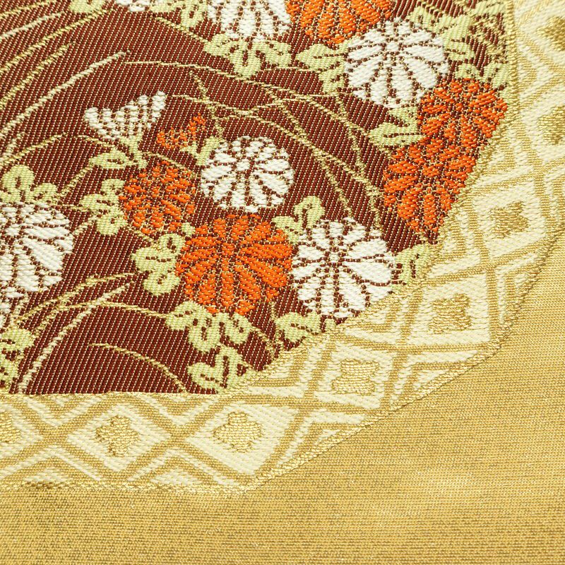 名古屋帯 太鼓柄 正絹 古典柄 名古屋仕立て なごや帯 リサイクル帯 帯 引箔 金糸 菊 ベージュ_画像3