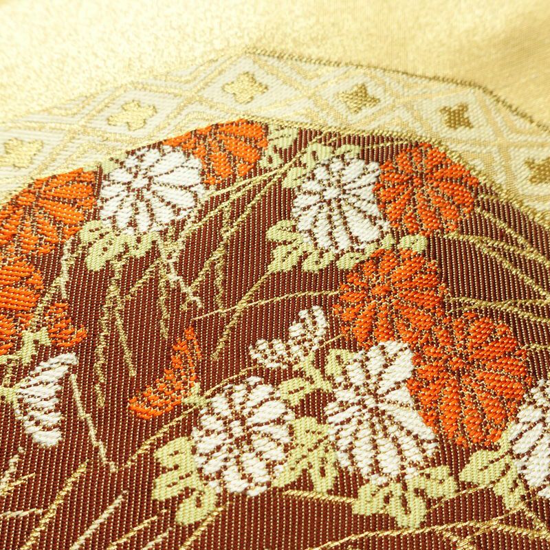 名古屋帯 太鼓柄 正絹 古典柄 名古屋仕立て なごや帯 リサイクル帯 帯 引箔 金糸 菊 ベージュ_画像4