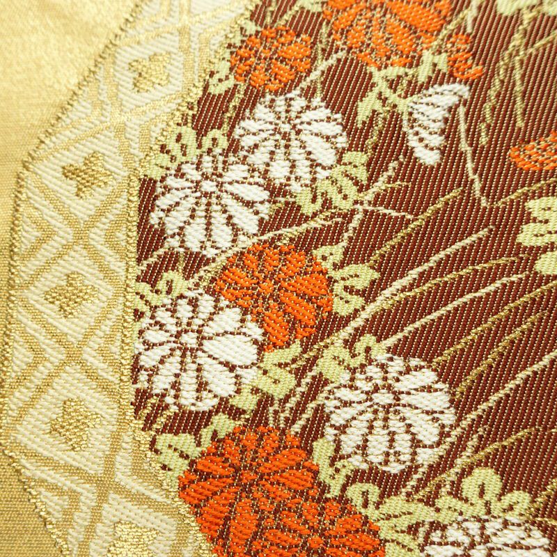 名古屋帯 太鼓柄 正絹 古典柄 名古屋仕立て なごや帯 リサイクル帯 帯 引箔 金糸 菊 ベージュ_画像5