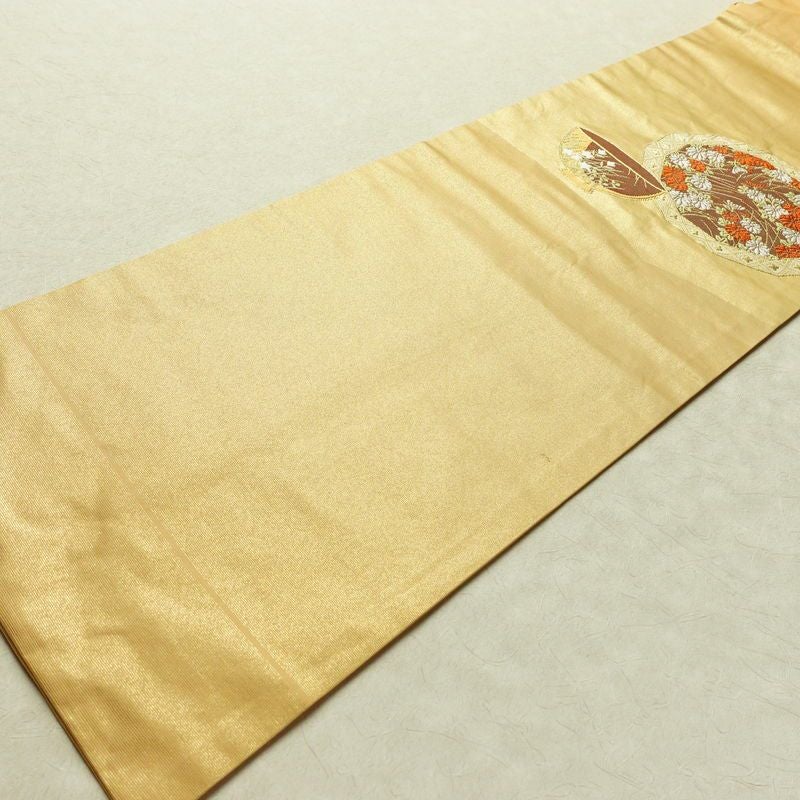 名古屋帯 太鼓柄 正絹 古典柄 名古屋仕立て なごや帯 リサイクル帯 帯 引箔 金糸 菊 ベージュ_画像8