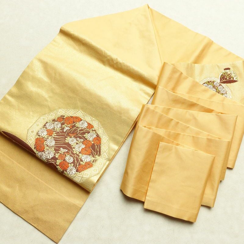 名古屋帯 太鼓柄 正絹 古典柄 名古屋仕立て なごや帯 リサイクル帯 帯 引箔 金糸 菊 ベージュ_画像16