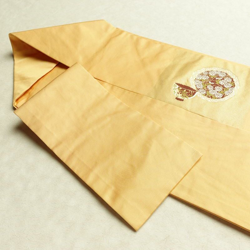 名古屋帯 太鼓柄 正絹 古典柄 名古屋仕立て なごや帯 リサイクル帯 帯 引箔 金糸 菊 ベージュ_画像20