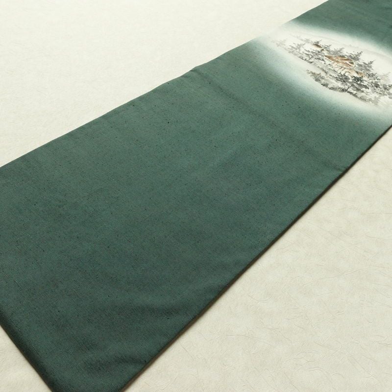 名古屋帯 太鼓柄 正絹 風景柄 名古屋仕立て なごや帯 リサイクル帯 帯 シンプル 緑・うぐいす色_画像9