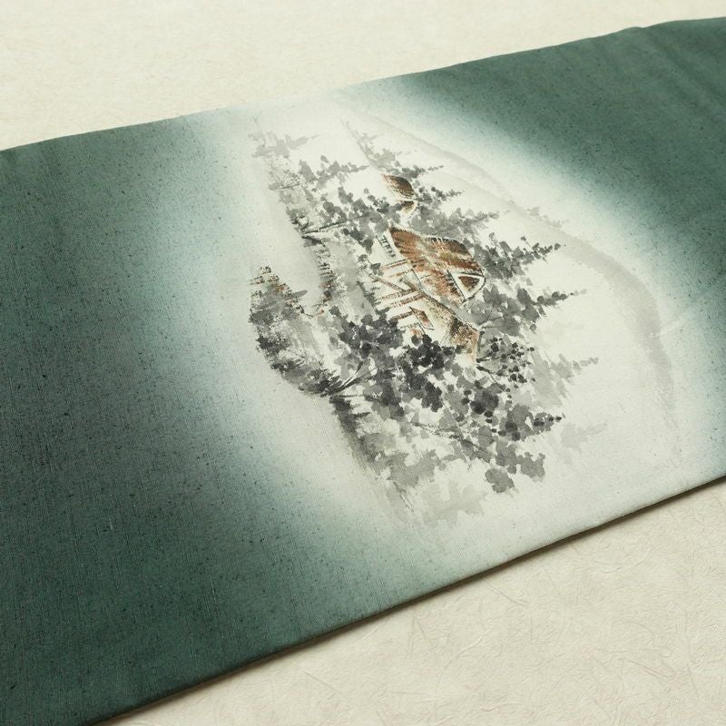 名古屋帯 太鼓柄 正絹 風景柄 名古屋仕立て なごや帯 リサイクル帯 帯 シンプル 緑・うぐいす色_画像12