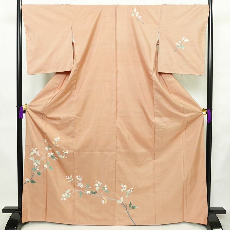 付け下げ 本加賀友禅 畠山登 美品 落款入り しつけ糸付き 正絹 木の葉・植物柄 袷仕立て 身丈168.5cm 裄丈68.5cm リサイクル着物 着物 付下 紬地 ピンクベージュ ピンク_画像1