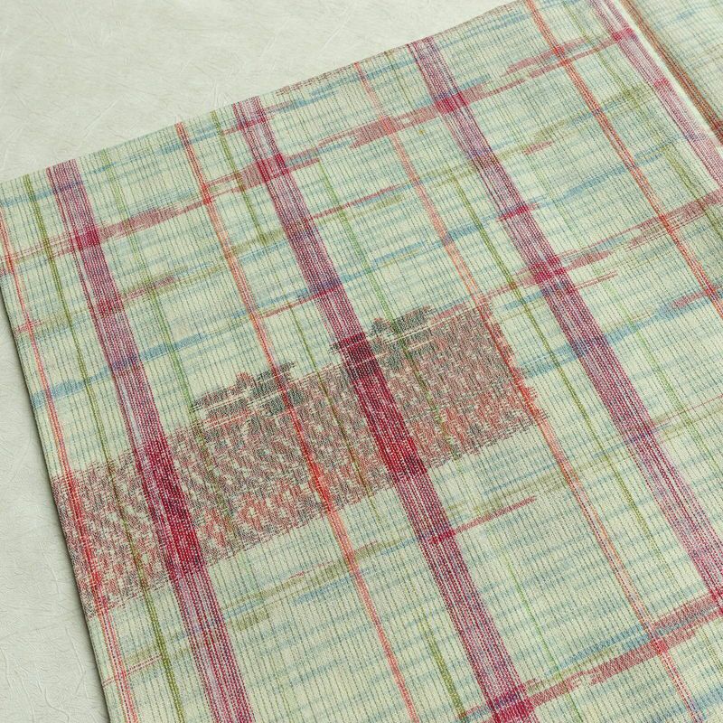 単衣 紬 バチ衿仕立て 正絹 幾何学柄・抽象柄 単衣仕立て 身丈155cm 裄丈63.5cm リサイクル着物 着物 緑・うぐいす色_画像12