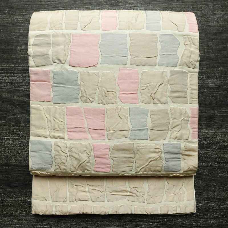 名古屋帯 太鼓柄 正絹 幾何学柄・抽象柄 通し仕立て なごや帯 リサイクル帯 帯 モダン ベージュ_画像1