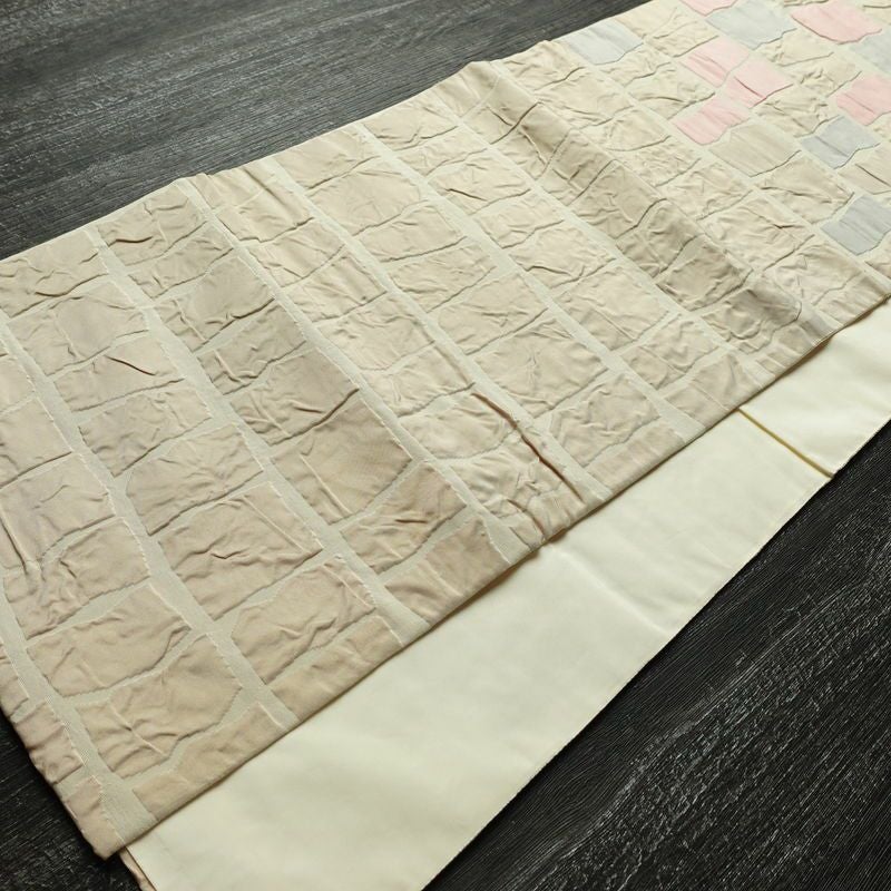 名古屋帯 太鼓柄 正絹 幾何学柄・抽象柄 通し仕立て なごや帯 リサイクル帯 帯 モダン ベージュ_画像8