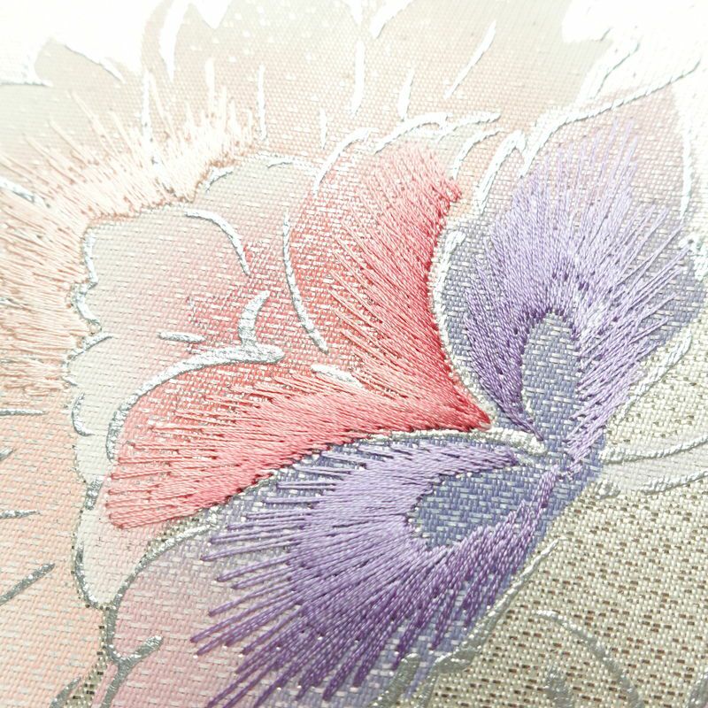 名古屋帯 太鼓柄 正絹 花柄 名古屋仕立て なごや帯 リサイクル帯 帯 刺繍 銀彩 金・銀_画像3
