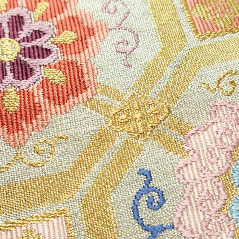 名古屋帯 太鼓柄 良品 つづれ織 正絹 幾何学柄・抽象柄 松葉仕立て なごや帯 リサイクル帯 帯 金・銀_画像3