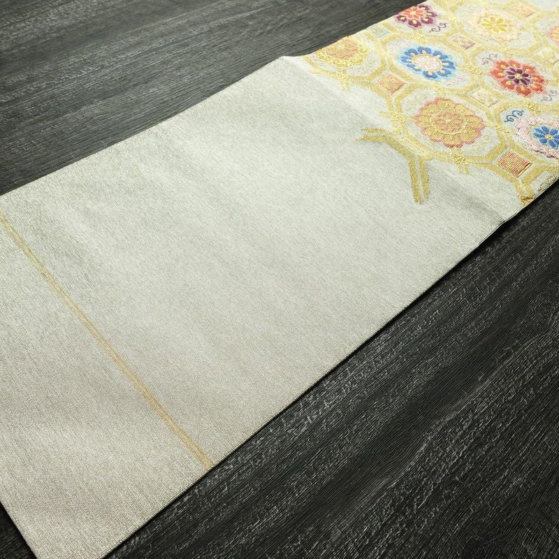 名古屋帯 太鼓柄 良品 つづれ織 正絹 幾何学柄・抽象柄 松葉仕立て なごや帯 リサイクル帯 帯 金・銀_画像9