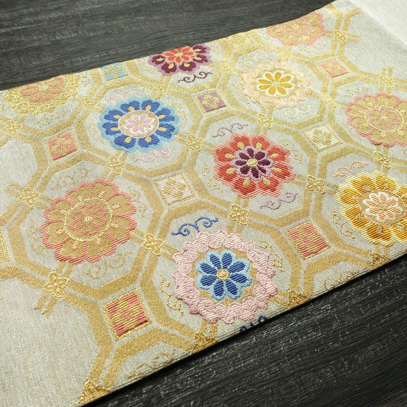 名古屋帯 太鼓柄 良品 つづれ織 正絹 幾何学柄・抽象柄 松葉仕立て なごや帯 リサイクル帯 帯 金・銀_画像12