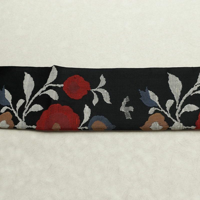 名古屋帯 六通柄 良品 正絹 花柄 松葉仕立て なごや帯 リサイクル帯 帯 黒_画像14