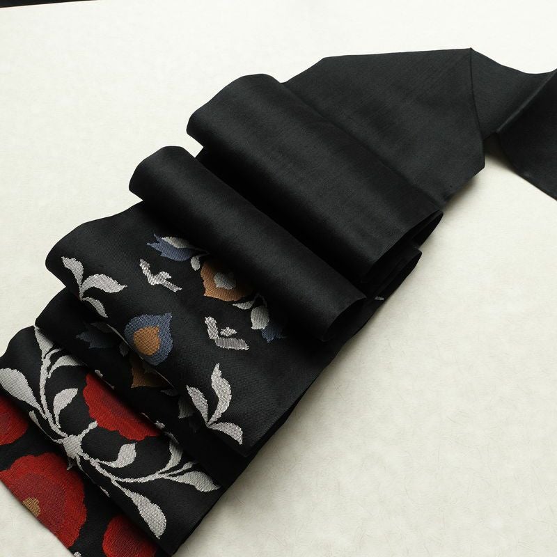 名古屋帯 六通柄 良品 正絹 花柄 松葉仕立て なごや帯 リサイクル帯 帯 黒_画像17