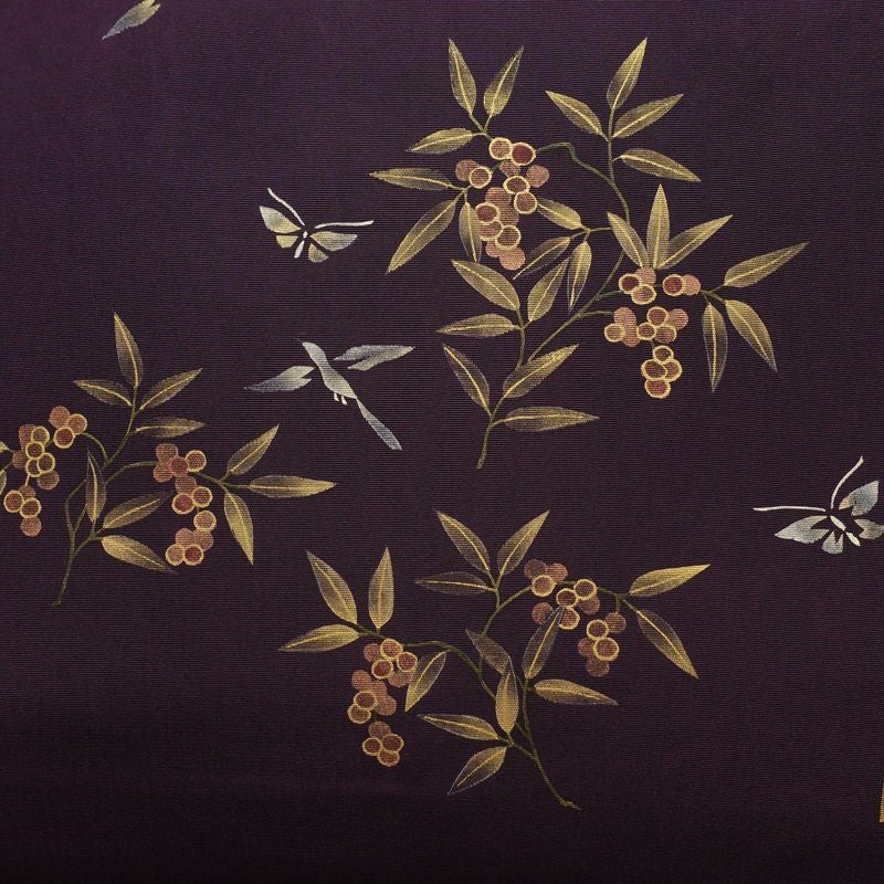 名古屋帯 太鼓柄 正絹 木の葉・植物柄 名古屋仕立て なごや帯 リサイクル帯 帯 金彩 紫・藤色_画像2