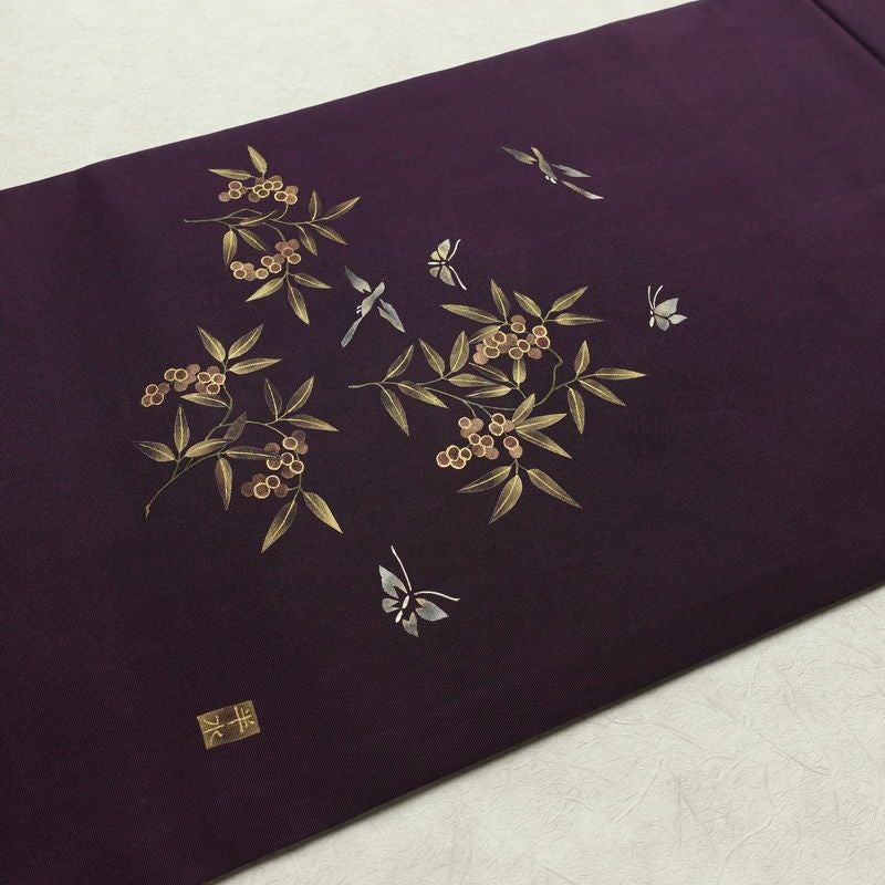 名古屋帯 太鼓柄 正絹 木の葉・植物柄 名古屋仕立て なごや帯 リサイクル帯 帯 金彩 紫・藤色_画像11