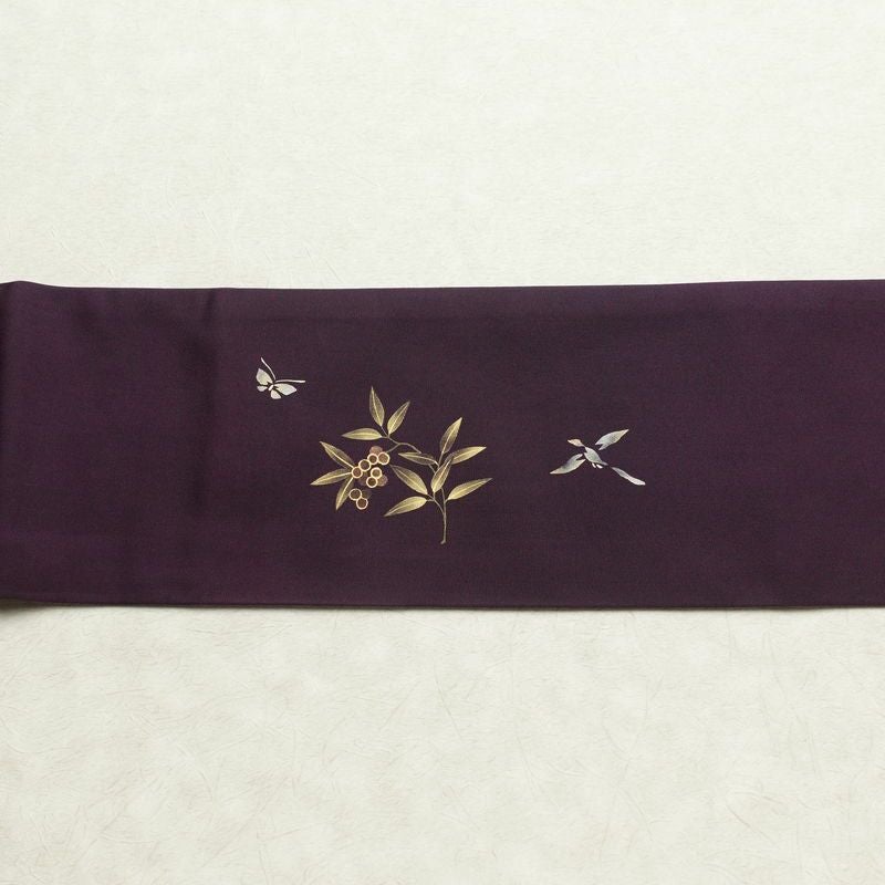 名古屋帯 太鼓柄 正絹 木の葉・植物柄 名古屋仕立て なごや帯 リサイクル帯 帯 金彩 紫・藤色_画像13