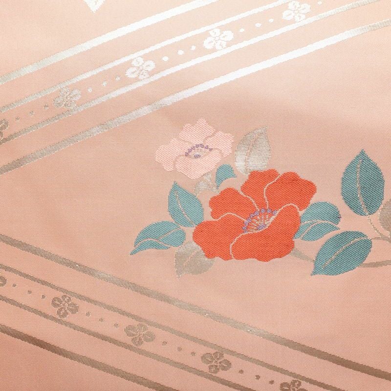 名古屋帯 六通柄 良品 正絹 花柄 名古屋仕立て なごや帯 リサイクル帯 帯 箔 ピンク_画像2