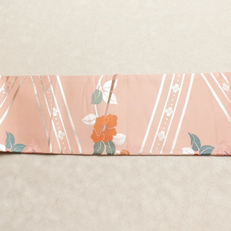 名古屋帯 六通柄 良品 正絹 花柄 名古屋仕立て なごや帯 リサイクル帯 帯 箔 ピンク_画像13