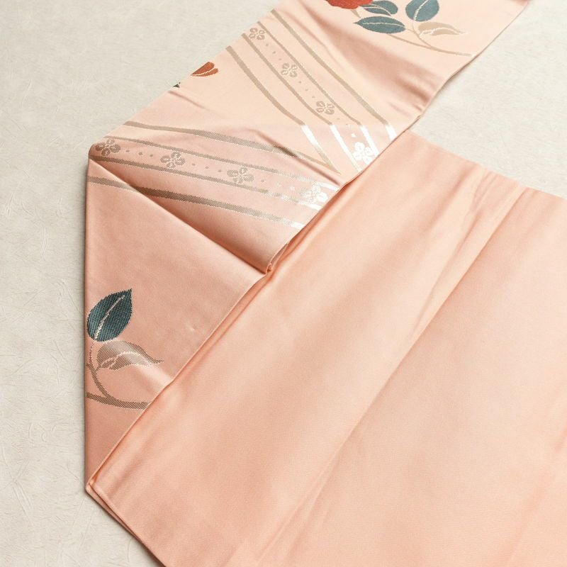 名古屋帯 六通柄 良品 正絹 花柄 名古屋仕立て なごや帯 リサイクル帯 帯 箔 ピンク_画像19