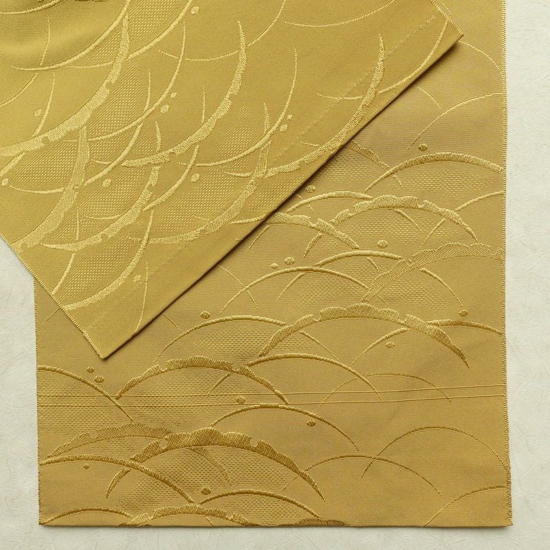 名古屋帯 全通柄 良品 正絹 木の葉・植物柄 通し仕立て なごや帯 リサイクル帯 帯 黄・黄土色_画像13