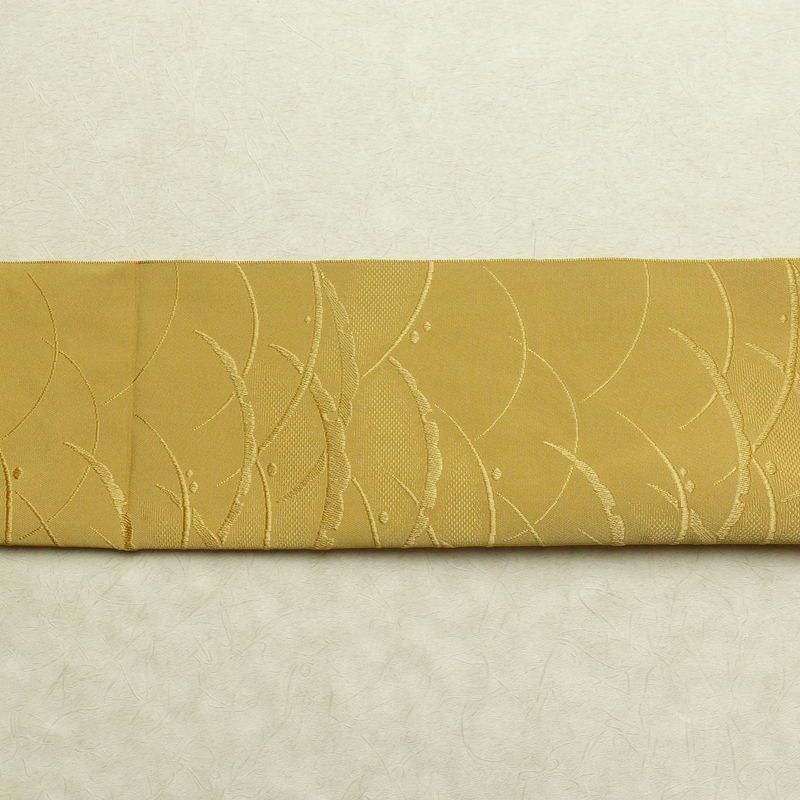 名古屋帯 全通柄 良品 正絹 木の葉・植物柄 通し仕立て なごや帯 リサイクル帯 帯 黄・黄土色_画像14