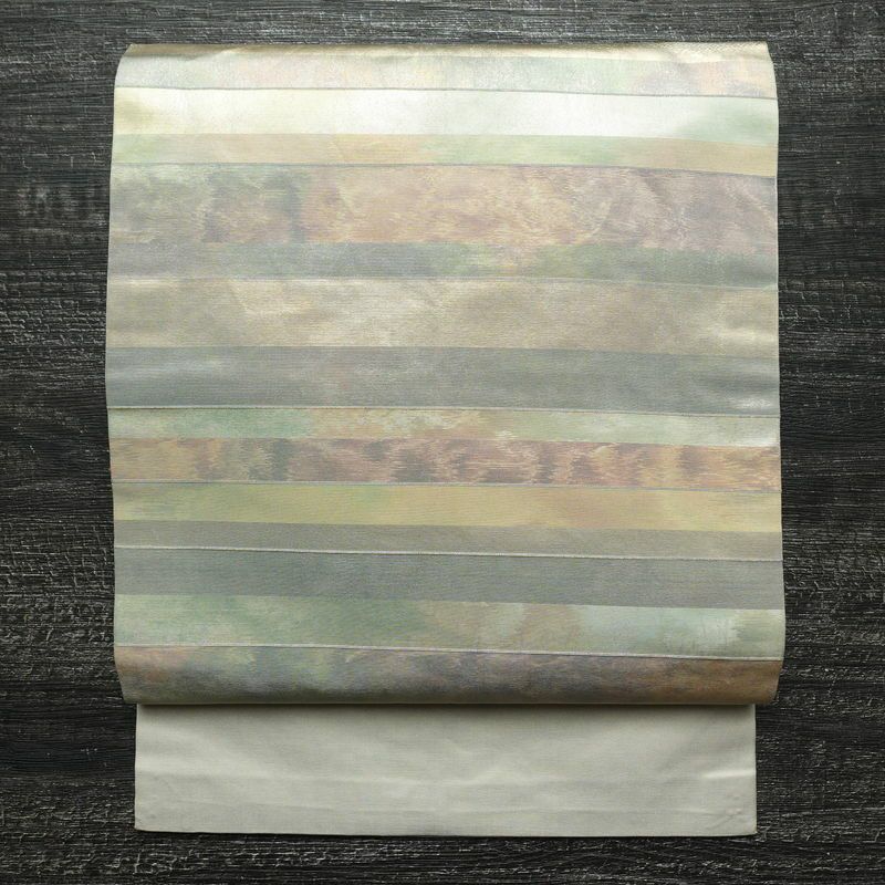 名古屋帯 太鼓柄 正絹 縞柄・線柄 名古屋仕立て なごや帯 リサイクル帯 帯 グレー_画像1