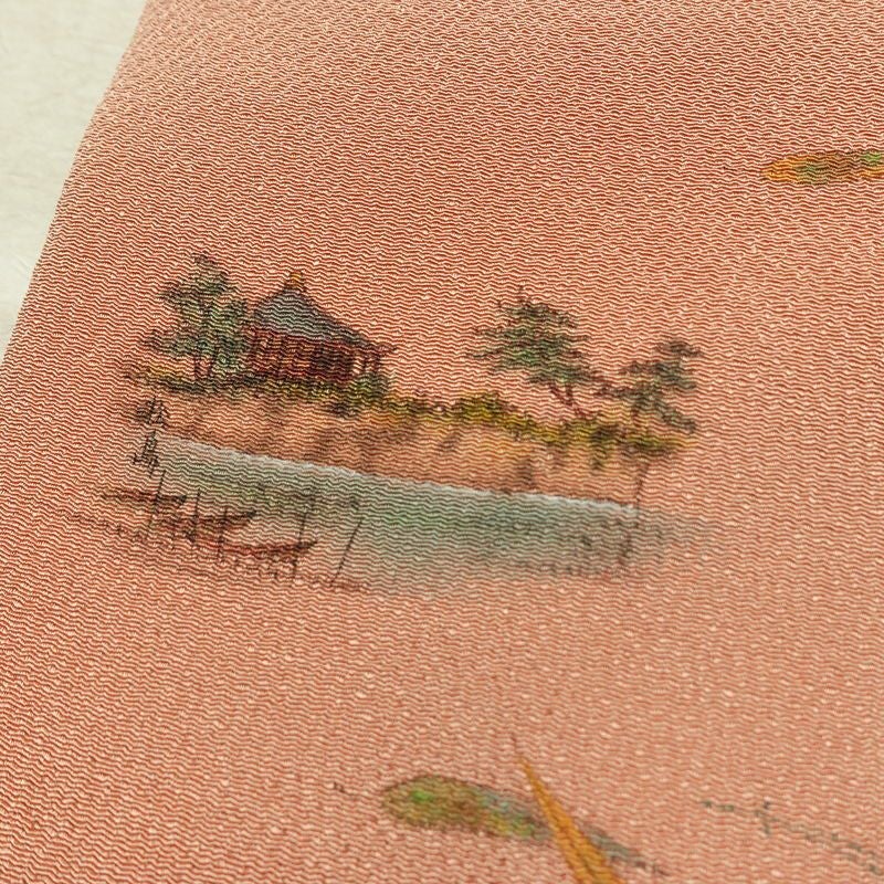 名古屋帯 太鼓柄 良品 縮緬 正絹 風景柄 名古屋仕立て なごや帯 リサイクル帯 帯 シンプル ピンク_画像3