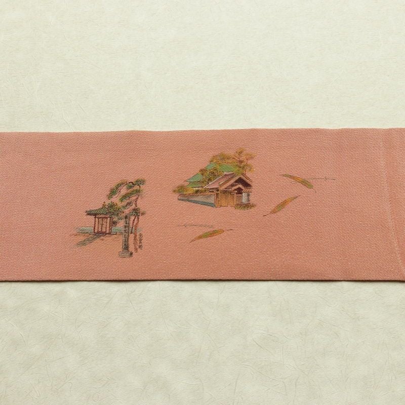 名古屋帯 太鼓柄 良品 縮緬 正絹 風景柄 名古屋仕立て なごや帯 リサイクル帯 帯 シンプル ピンク_画像14