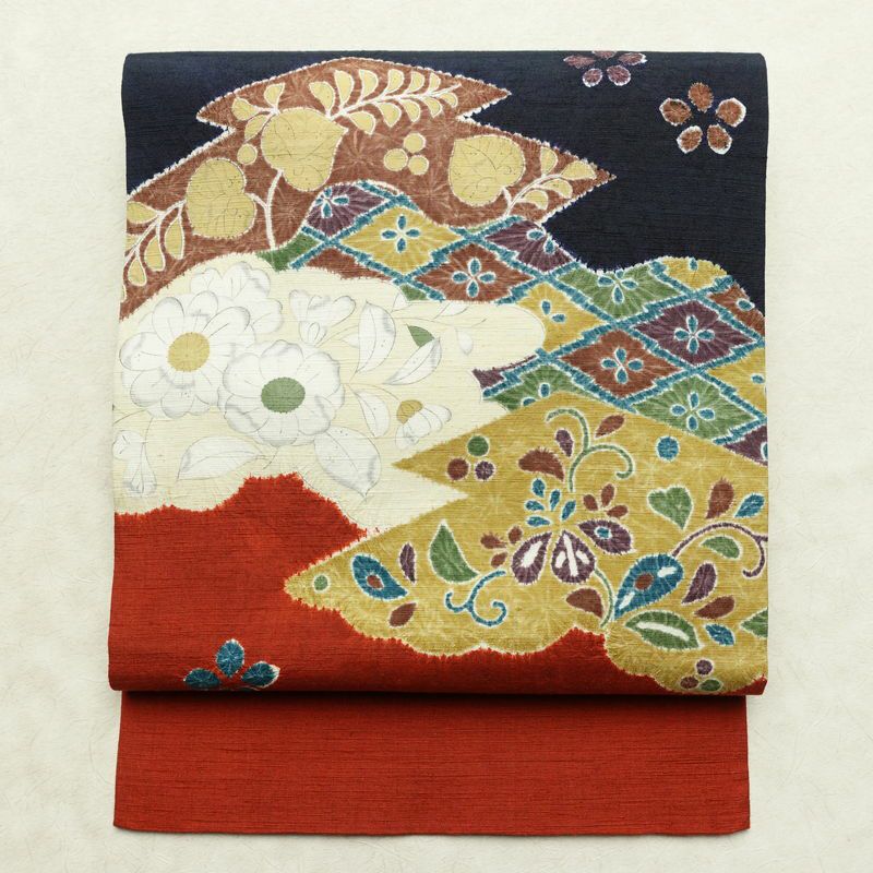 名古屋帯 太鼓柄 良品 絞り 正絹 花柄 名古屋仕立て なごや帯 リサイクル帯 帯 青・紺_画像1