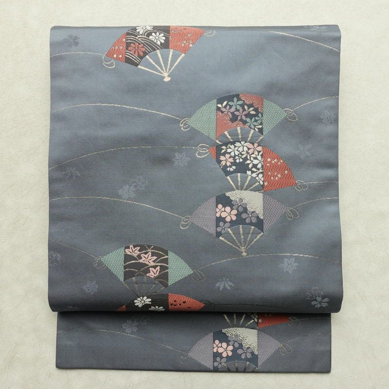 名古屋帯 六通柄 正絹 古典柄 名古屋仕立て なごや帯 リサイクル帯 帯 扇子 青・紺_画像1